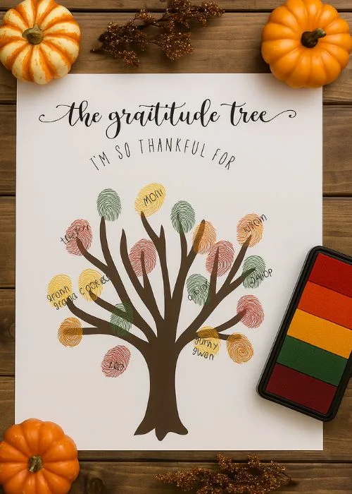 easy Thanksgiving hanprint craft idea. gratitude tree with fingerprints