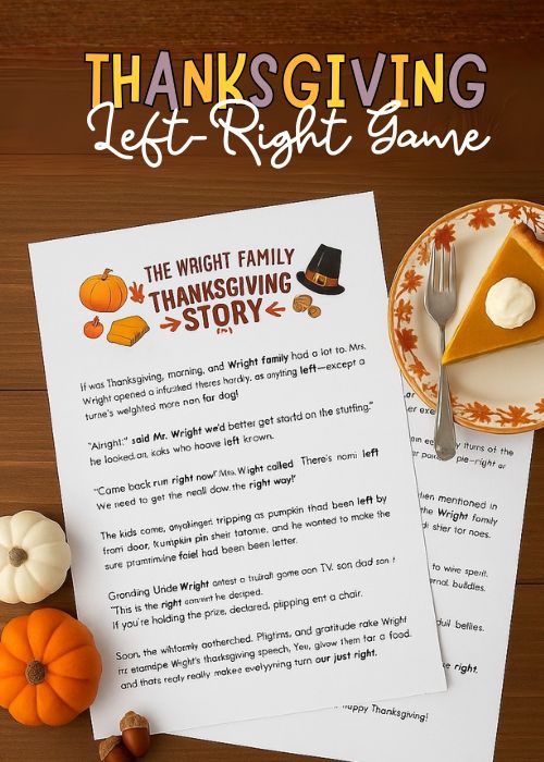 flat lay of Thanksgiving left right game along with some pumpkins and a slice of pie