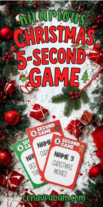 flat lay of Christmas 5 second rule game cards with holiday background