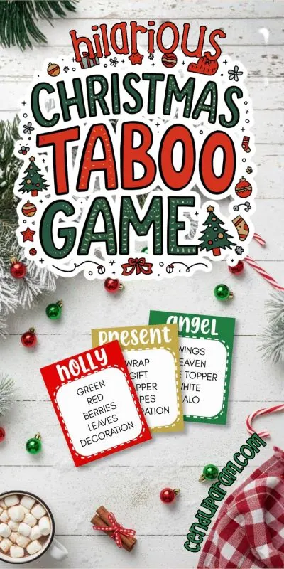 flat lay of christmas taboo game cards on festive background