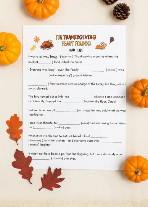 flat lay of Thanksgiving mad libs story the thanksgiving feast fiasco