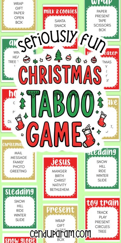 mock up of holiday taboo game cards and title seriously fun christmas taboo game