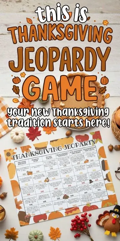 thanksgiving geopardy game questions printed out flat lay with festive background