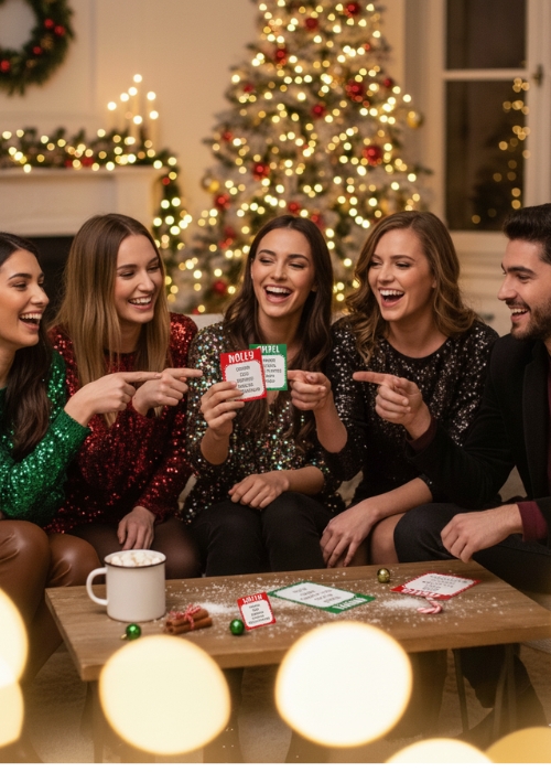 a group of friends are dressed up for a christmas party, they are playing a funny christmas game and laughing together