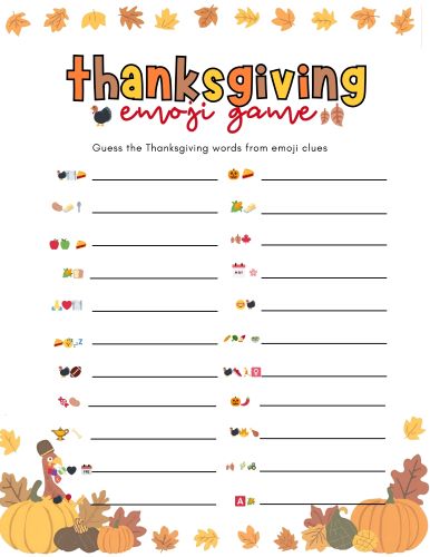 free printable Thanksgiving emoji game sheet