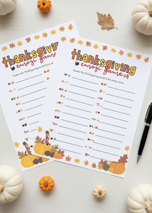 flat lay of free printable thanksgiving themed emoji pictionary game