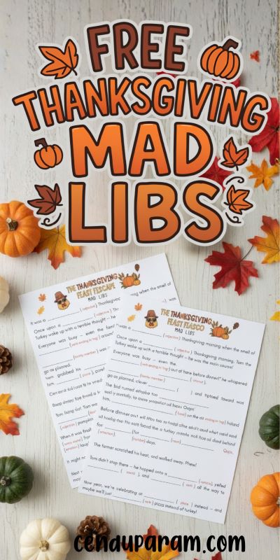 flat lay of thanksgiving themed mad libs game