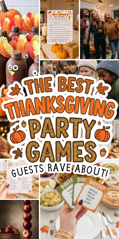 a collage of easy and fun thanksgiving games to play and title reads: the best thanksgiving party games guests rave about