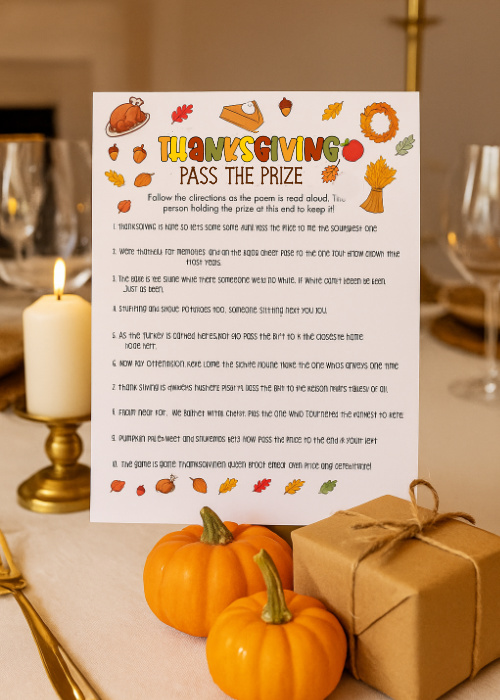printable thanksgiving party game on display withh pumpkins and prize