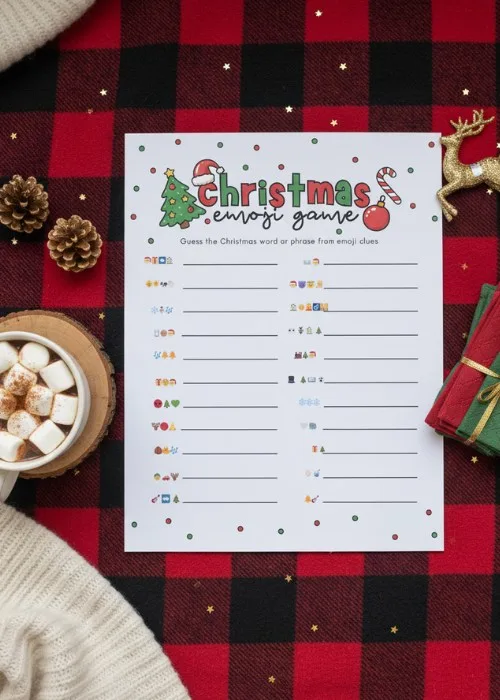 flay lay of Christmas emoji pictionary game on buffalo plaid background