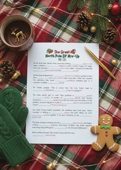 festive flat lay of Christmasmad libs printable game