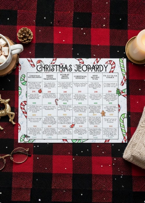 flat lay of christmas jeopardy game printable on buffalo plaid background