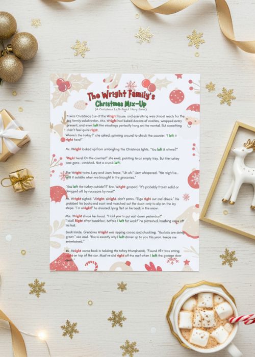 flat lay of christmas left right story game printed out with holiday decor
