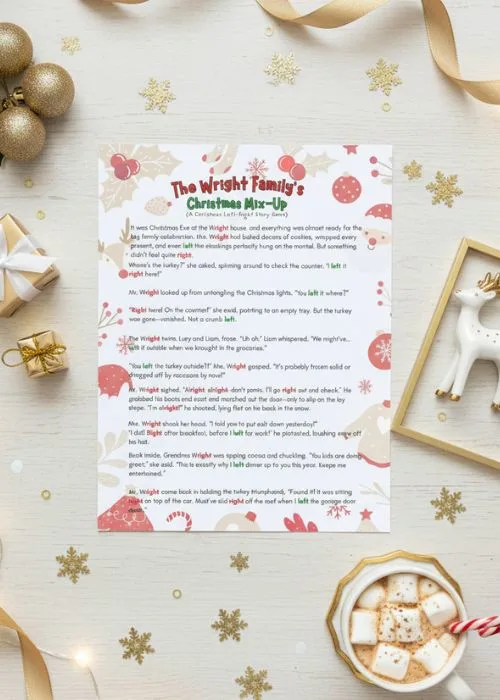 flat lay of christmas left right story game printed out with holiday decor