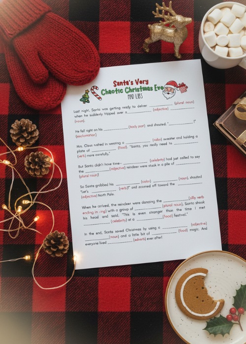 a flat lay of a Christmas mad libs game