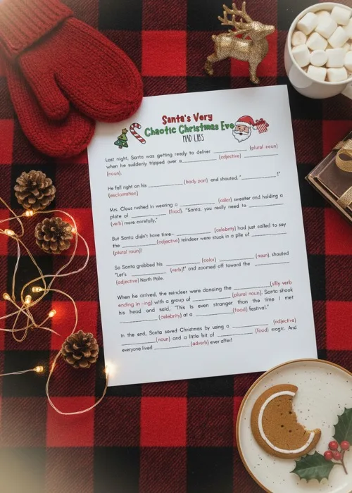 a flat lay of a Christmas mad libs game