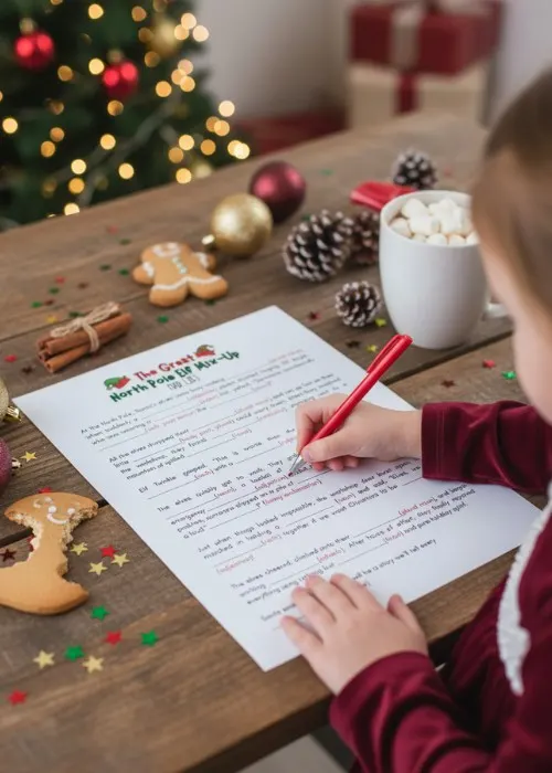 a little girl in a Christmas dress is filling out a Christmas mad libs game