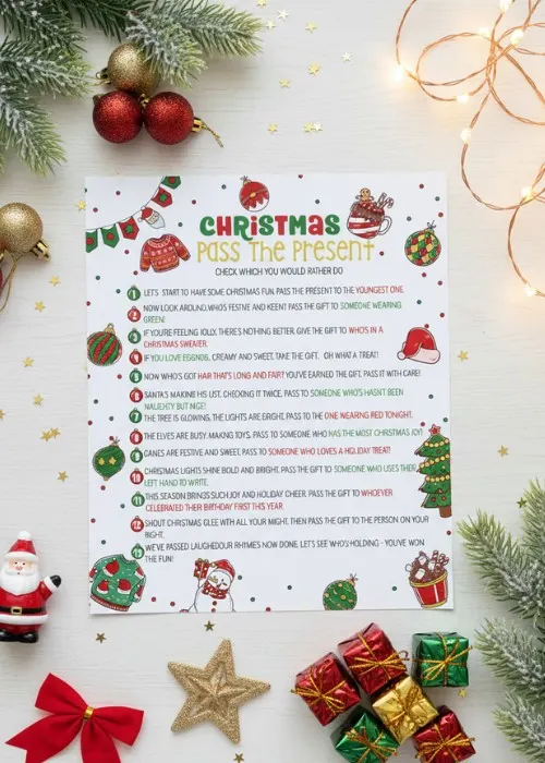 flat lay mock up of Christmas pass the present game with holiday decor