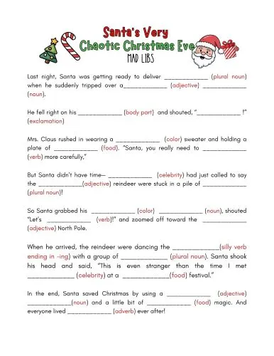 free printable Christmas mad lib game about Santa