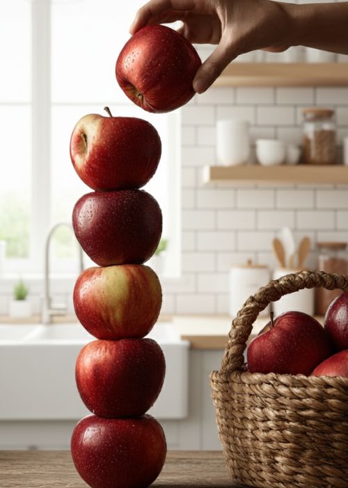 fun thanksgiving minute to win it games. apple stacking game. hand is stacking apples like a tower