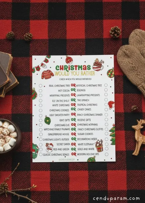 christmas would you rather printable on buffalo plaid background with rustic christmas decor