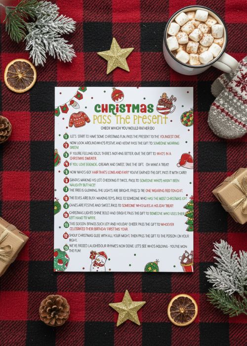 christmas party game printable on buffalo plaid background