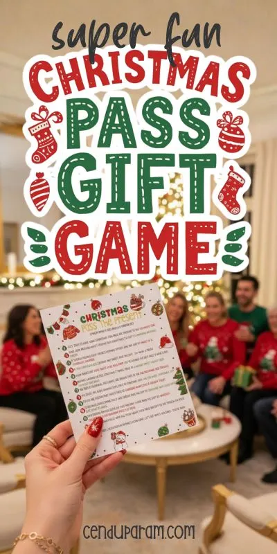 a family in festive outfits is playing Christmas pass the present game