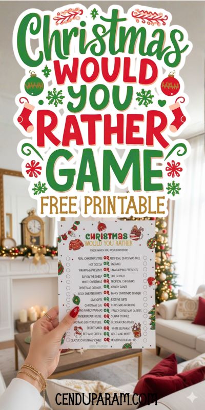 a hand is holding up the Christmas would you rather game with a christmas tree in the background