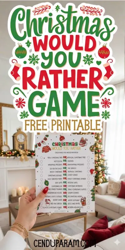 a hand is holding up the Christmas would you rather game with a christmas tree in the background