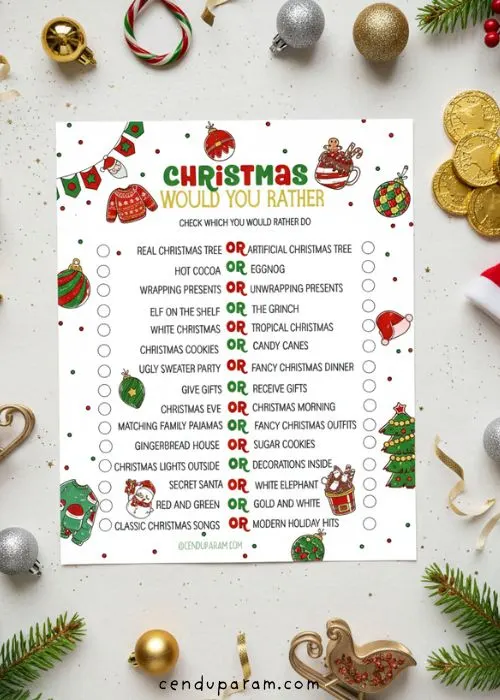 Christmas would you rather printable flat lay mock up with holiday decor