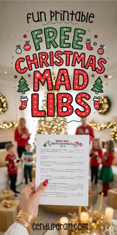 a woman's hand is holding up Christmas mad libs game at a Christmas party with kids and adults