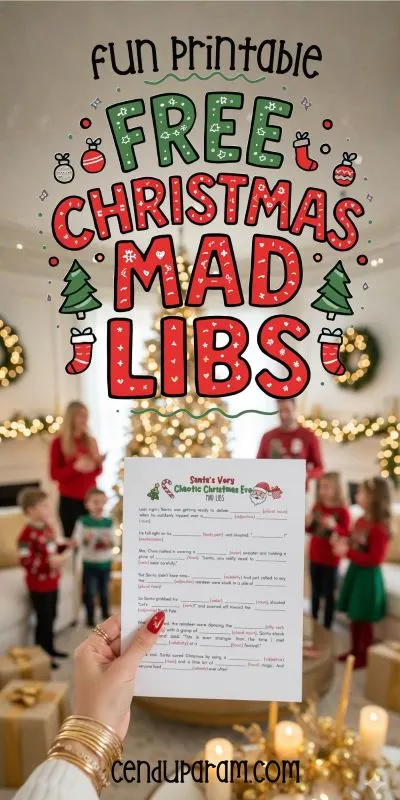 a woman's hand is holding up Christmas mad libs game at a Christmas party with kids and adults