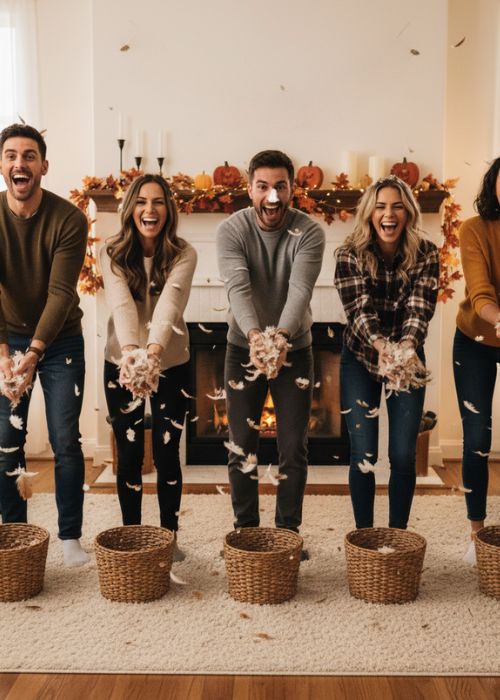 friends are lined up in a row throwing feathers into a basket for funny Thanksgiving game