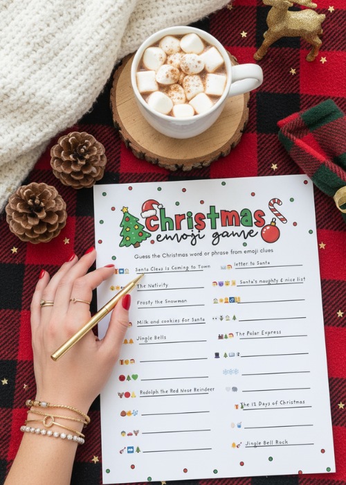 a woman's hand is filling out the Christmas printable game