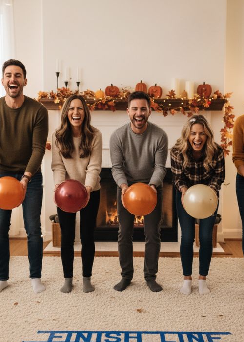 thanksgiving party guests are lined up in a row holding balloons to play a game