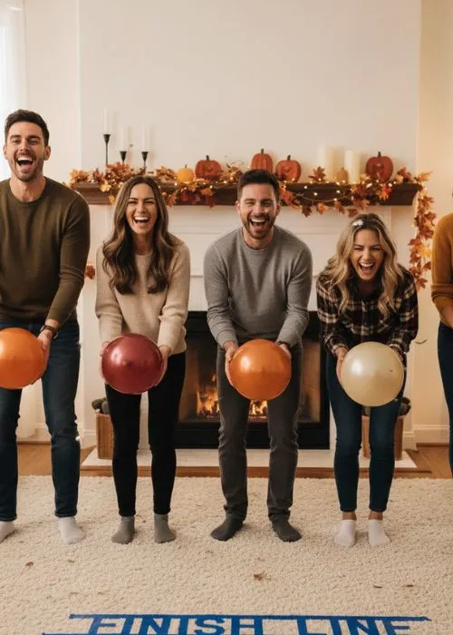 thanksgiving party guests are lined up in a row holding balloons to play a game