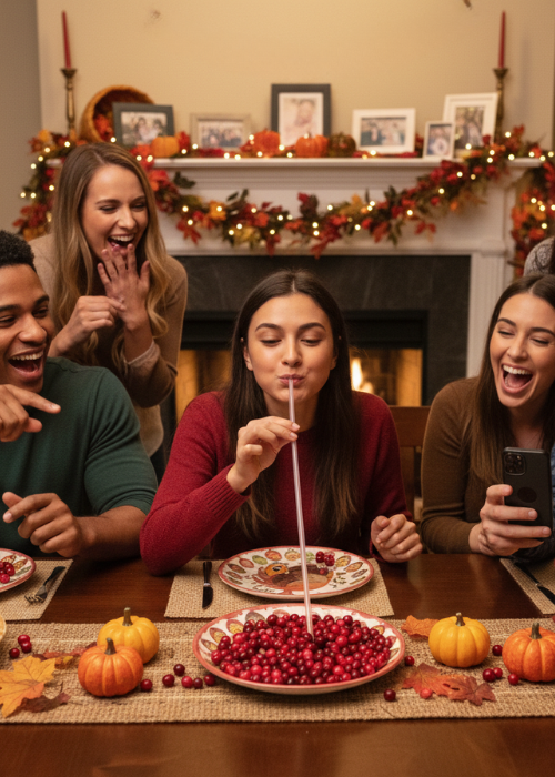 thanksgiving game at thanksgiving party. a girl is trying to move cranberries with a straw 