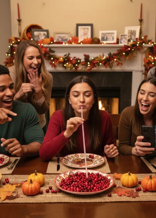 thanksgiving game at thanksgiving party. a girl is trying to move cranberries with a straw