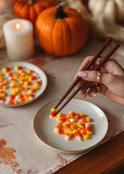 A hand is taking candycorn from a plate with chopsticks for thanksgiving minute to win it game