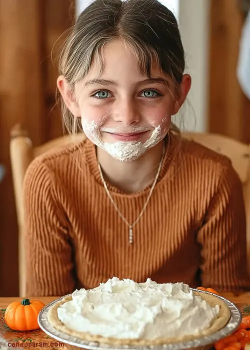 a little girl has whipped cream on her face from playing funny thanksgiving game
