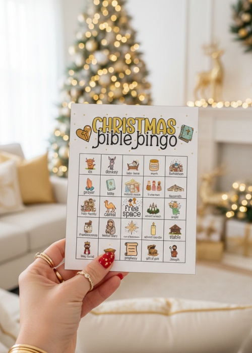 a hand holds out the nativity christmas bingo card