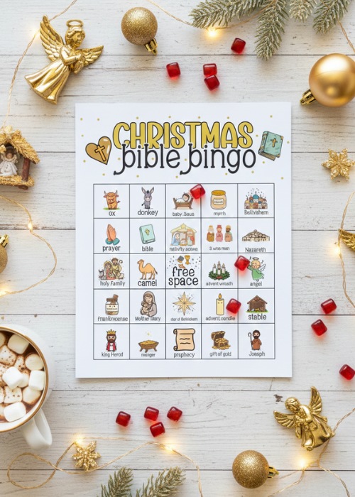 flat lay mock up of Nativity Bingo card