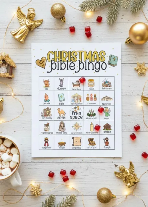 flat lay mock up of Nativity Bingo card