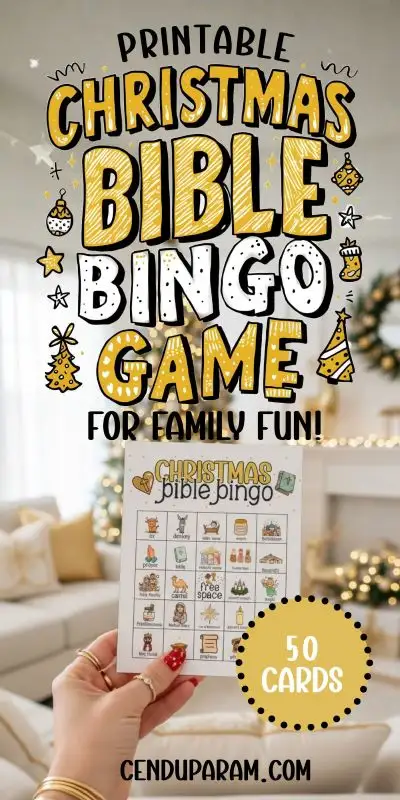 a woman's hand is holding up a Christian Christmas Bingo game card