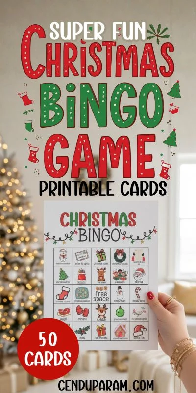 a woman's hand is holding up a Christmas bingo game card in a cozy christmas decorated home