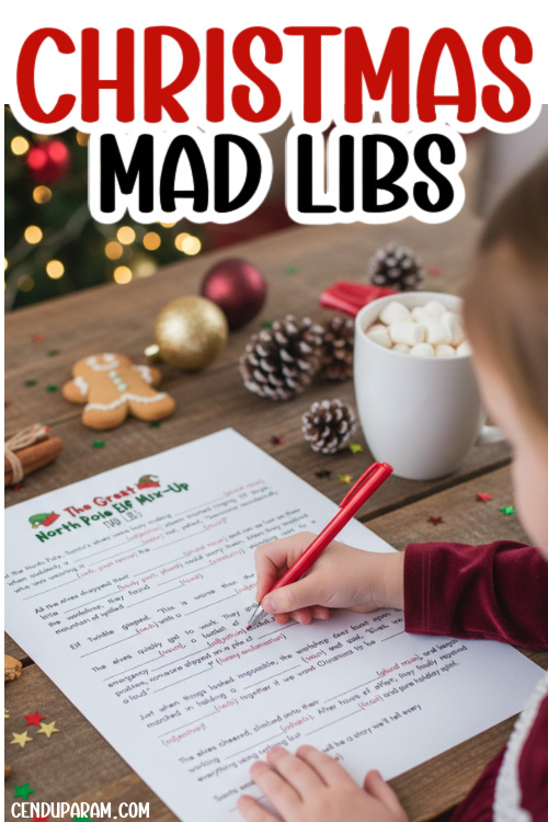 a little girl is doing Christmas mad libs
