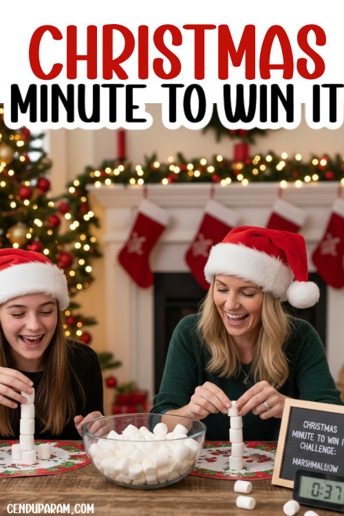 a family is playing a fun minute to win it Christmas game together