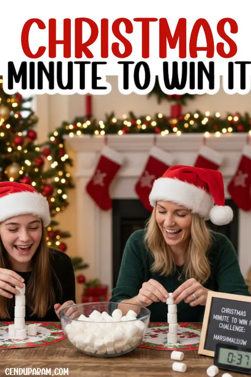 a family is playing a fun minute to win it Christmas game together