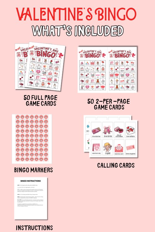 mock up of what is included in valentine's day bingo game bundle