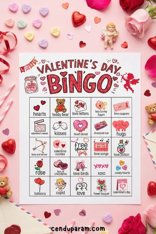 flat lay of cute valentines bingo card